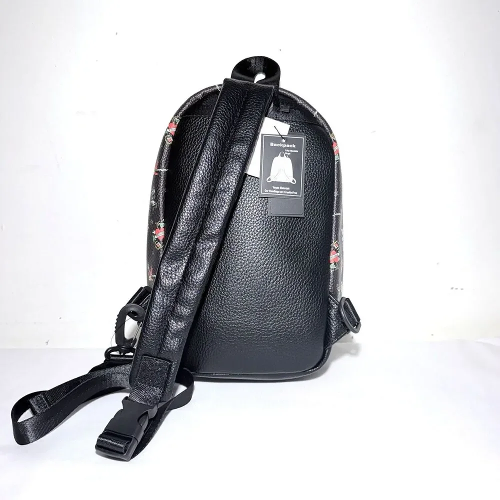 Ed Hardy Black Faux Leather Tattoo Print Mini Backpack/Sling Crossbody Bag NWT